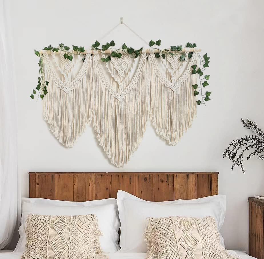 guzhiou large macrame wall hanging - Boho Tapestry Macrame Wall Decor Art- Chic Bohemian Handmade Woven Tapestry Home Decoration for Bedroom Living Room Apartment Wedding Party - 43"x32" (with Ivy)