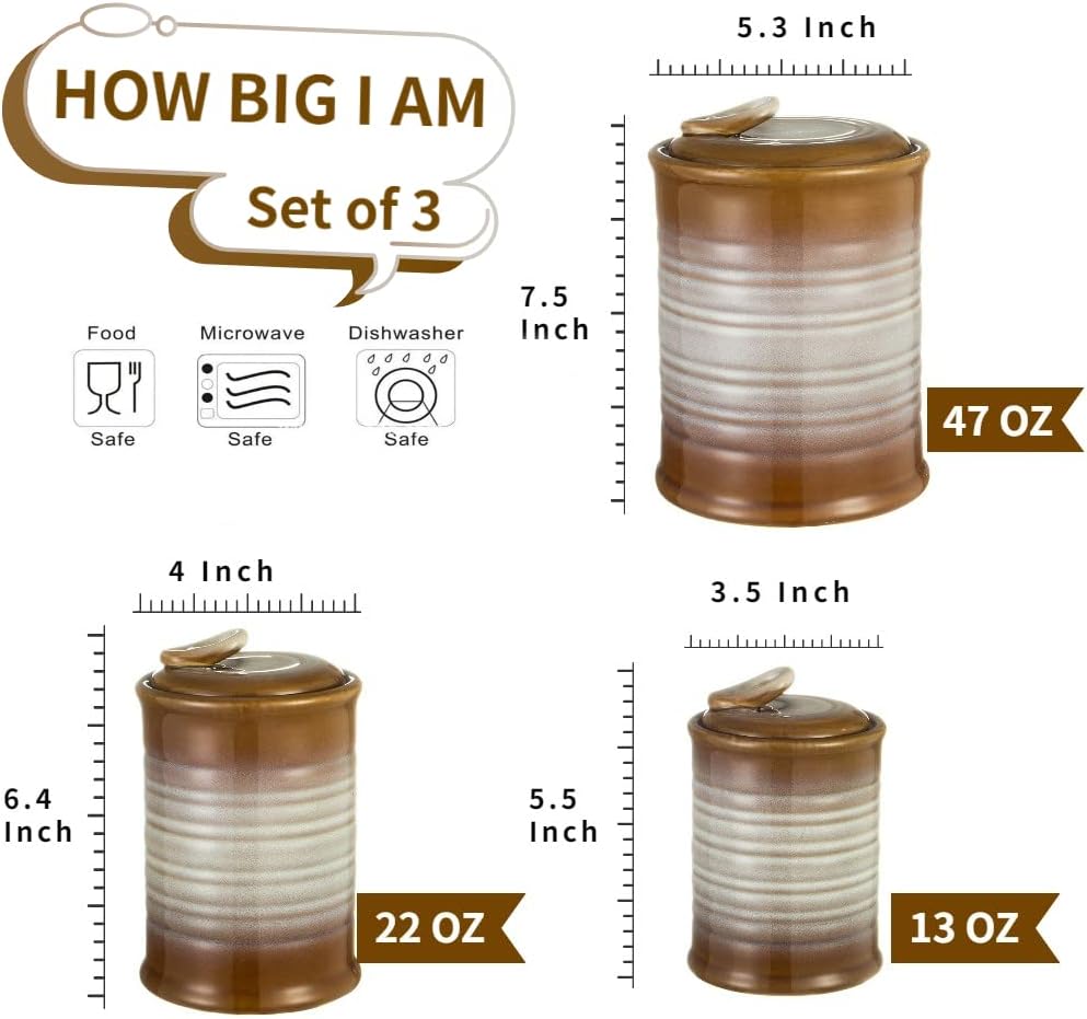Nihow Ceramic Food Storage Jar Sets: Container with Air Tight Ceramic Lid for Flour/Sugar/Rice/Coffee/Cookies/Candy - Seal Damp-proof Canister for The Kitchen - Set of 3 （Brown）