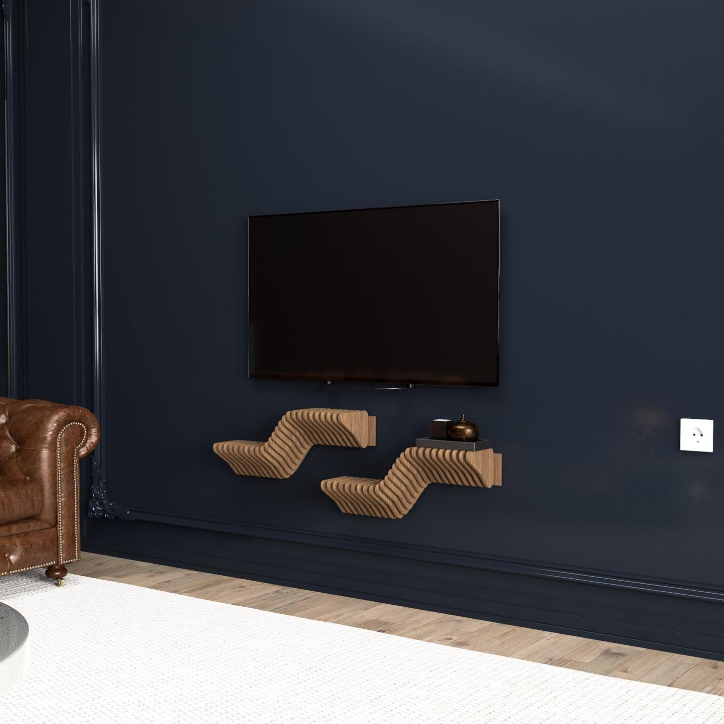 Parametric 20 inch Floating Shelf TV Unit Modern Geometric Wooden Wall Piece Decor Natural Oak Color 3D Wavy Living and Gaming Room Shelf