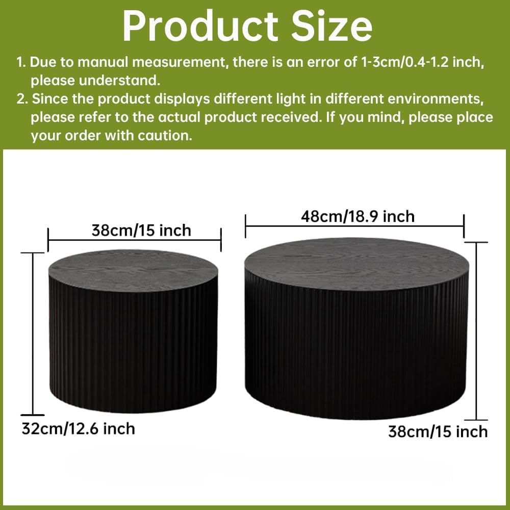Round Nesting Coffee Table Set of 2 Small Round Coffee Tables for Living Room Modern Fluted Coffee Table Circular End Table Side Table for Small Spaces No Assembly (Black A, 18 in)