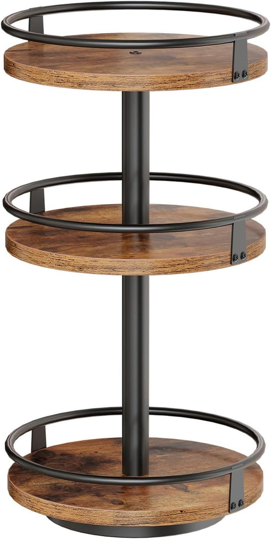 HOOBRO 3-Tier Lazy Susan Organizer, Rotating Spice Rack, Turntable Spice Rack, Vertical Storage Organizer, for Kitchen Countertop, Vanity, Dining Table, Rustic Brown and Black BF09TL01
