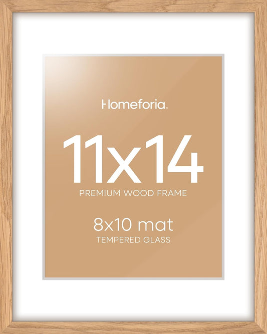 Homeforia 11x14 Picture Frame Wood, High End Natural Oak 11x14 Light Wooden Poster Frames with Mat 8x10, 11 x 14 Frames Matted to 8 x 10 Photo, 14x11 Hanging Frames, Tempered Glass, Wall Kit, Set of 1