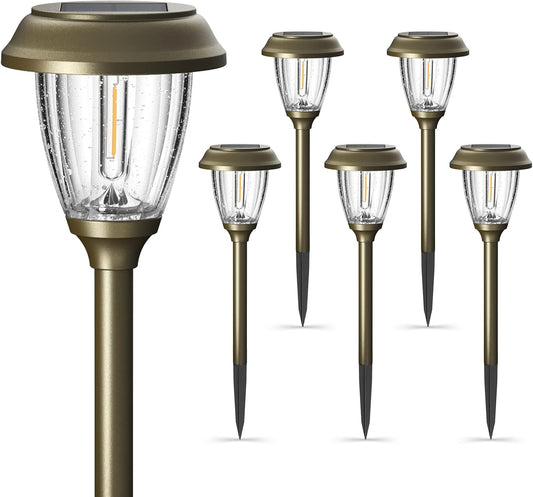 XMCOSY+ Solar Lights Outdoor 10/25 LM LED with 2 Lighting Modes, Solar Garden Lights Glass and Metal, IP65 Waterproof Solar Powered for Yard Pathway Walkway Driveway Patio (6 Pack, Warm White)