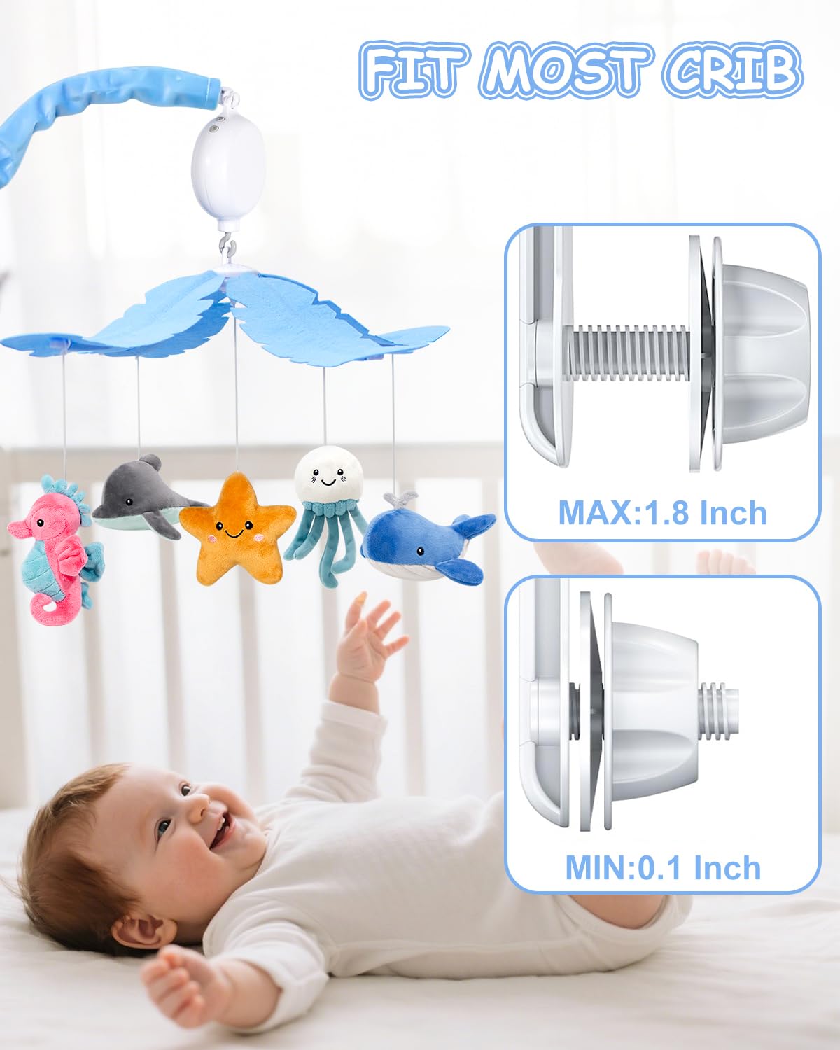 FEISIKE Baby Crib Mobile with 35 Lullabies, 3 Modes Rotation & Music, Adjustable Volume, Nursery Decor for Boys and Girls (Ocean Theme)