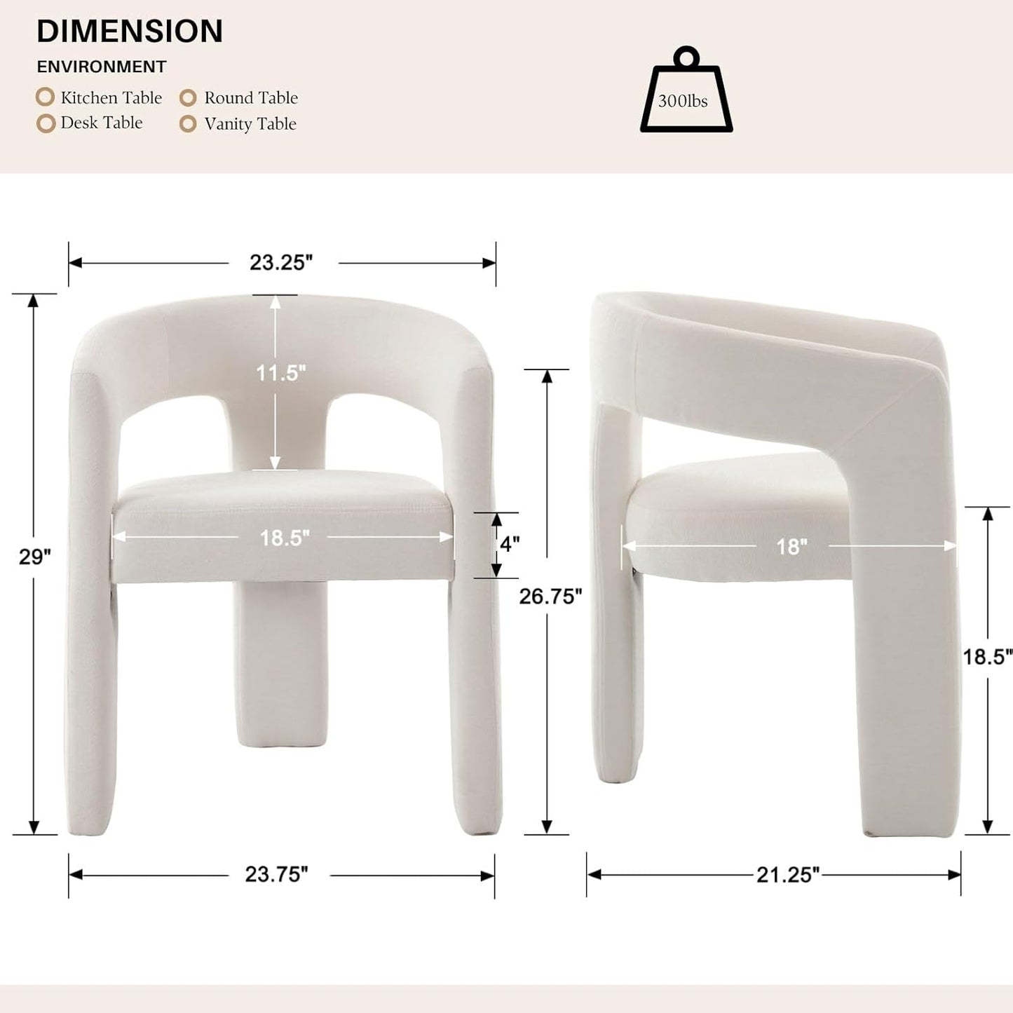 White Chenille Dining Chairs Set of 2, Modern Barrel Dining Room Chairs Upholstered Accent Chair with Arms and Round Back for Living Room Kitchen Armchair No Assembly Needed