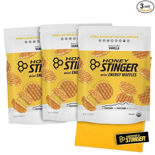 Honey Stinger Mini Waffles – Variety Pack With Sticker and Polybag – 3 Count – Vanilla Flavor – Energy Source for Any Activity – Resealable Bags