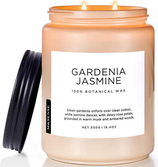 M&SENSE Gardenia Jasmine Scented Candle, 110 Hours Slow Burning Clean Non Toxic 19.4oz 2 Wicks Highly Scented Aromatherapy Candle for Housewarming Gifts, Long Lasting Fragrance for Bath & Office