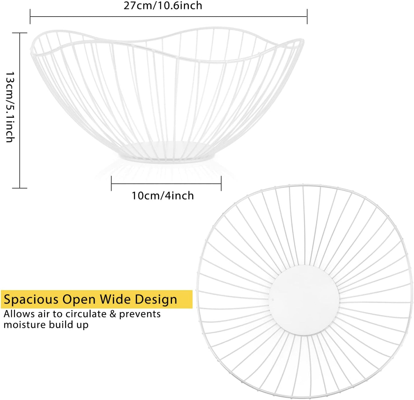 Metal Wire Fruit Basket, White Fruit Bowl for Kitchen Counter, Fruit Holder Stand Storage Baskets for Countertop, Home Decor, Table Centerpieces, Vegetable Bowls for Fruits, Veggies, Snacks (White)