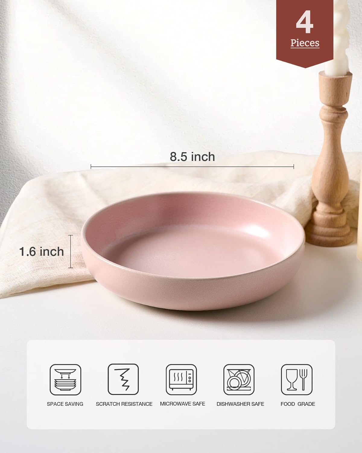 famiware Milkyway Pasta Bowls Set of 4, 8.5" Large Salad Bowls, Double Reactive Glaze, Sturdy & Stackable, Ideal for Housewarming, Festivals, Light Pink