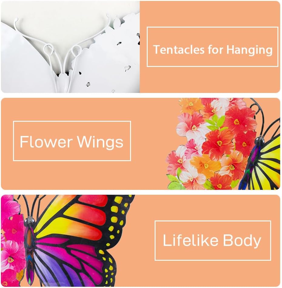 Metal Butterfly Wall Decor, 9.6" Outdoor Wall Decor Metal Yard Art, Flowers Wings Butterfly Outdoor Decor for Garden Patio Fence Outside Living Room Bedroom(4 Pack)