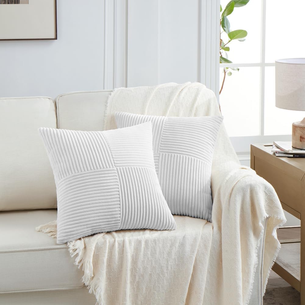 Fancy Homi 2 Packs Pure White Decorative Throw Pillow Covers 18x18 Inch for Living Room Couch Bed Sofa, Farmhouse Boho Home Decor, Soft Corss Corduroy Patchwork Textured Square Cushion Case 45x45 cm