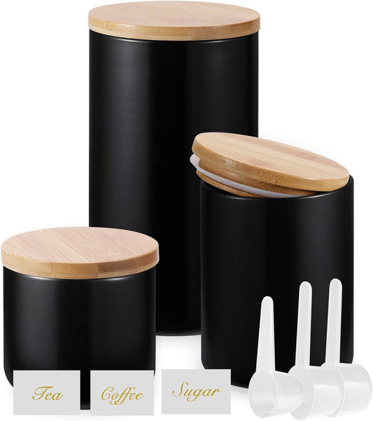 Yangbaga Black Canisters Sets for Kitchen-Set of 3 Coffee Canisters for Countertop with Airtight Wood Lids/Spoons/Stickers, Ceramic Food Storage Containers for Large Suger,Coffee,Tea (42/30/9OZ)