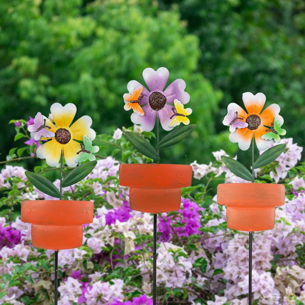 Metal Garden Stakes Decor,3 Pack Flowers Pot Decorative Garden Stakes, Waterproof Spring Outdoor Decor,Metal Flowers Garden Decor for Outside,Lawn,Yard,Pathway