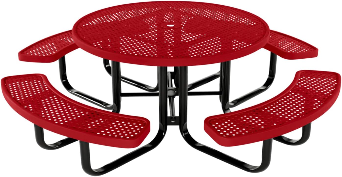 Coated Outdoor Furniture Heavy-Duty Portable Outdoor Kids Table with Umbrella Hole, Punched Steel Kids Picnic Table, Commercial-Grade, Made in America (46 In, Round, Childrens, Textured Red)
