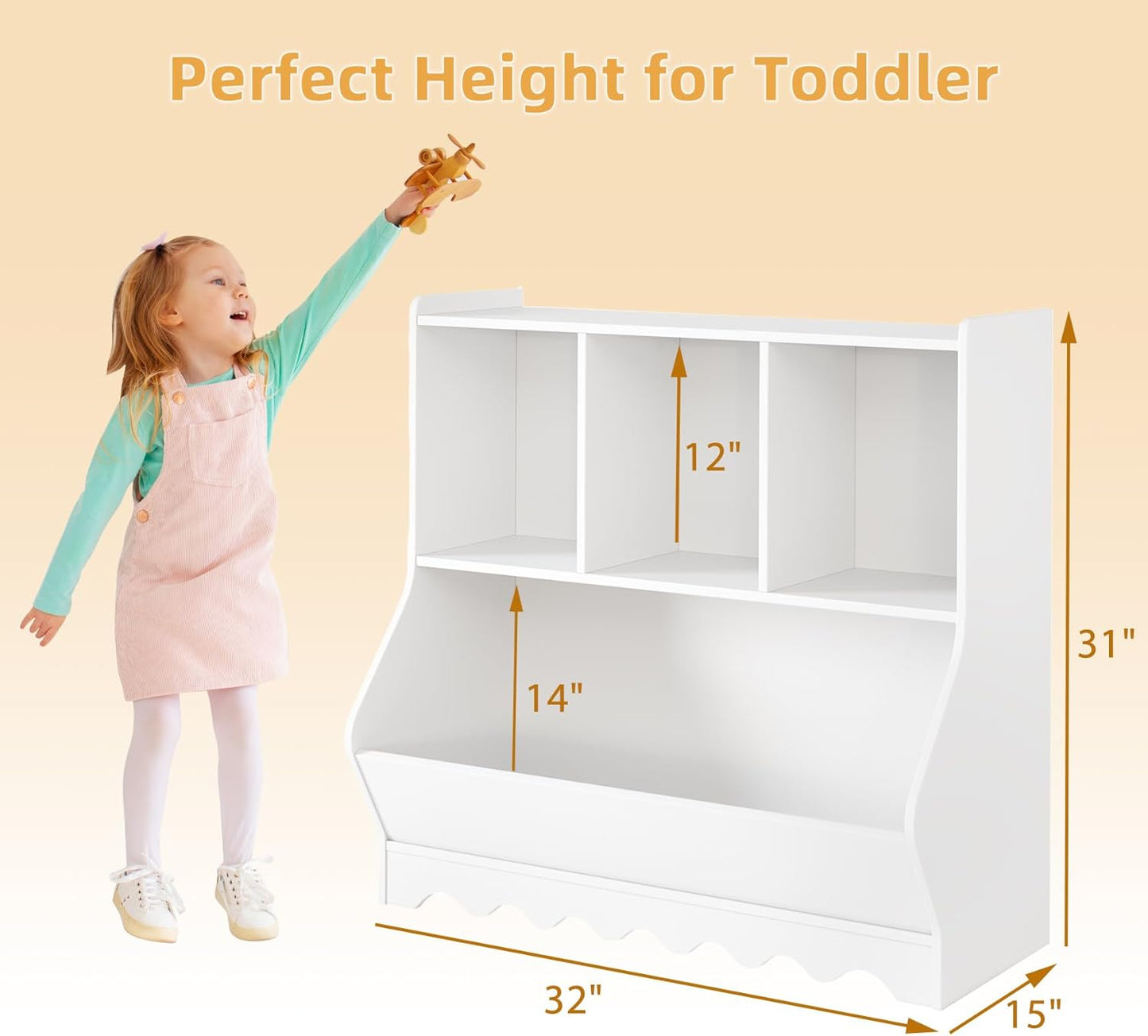 Wood Kid Storage Cubby, Toy Storage Organizer with Bookshelf, 32"L x 15"D x 31"H Montessori Toy Shelf, Nursery Book Shelves, Wooden 4-Cubby Children Book Shelf for Playroom Classroom, White