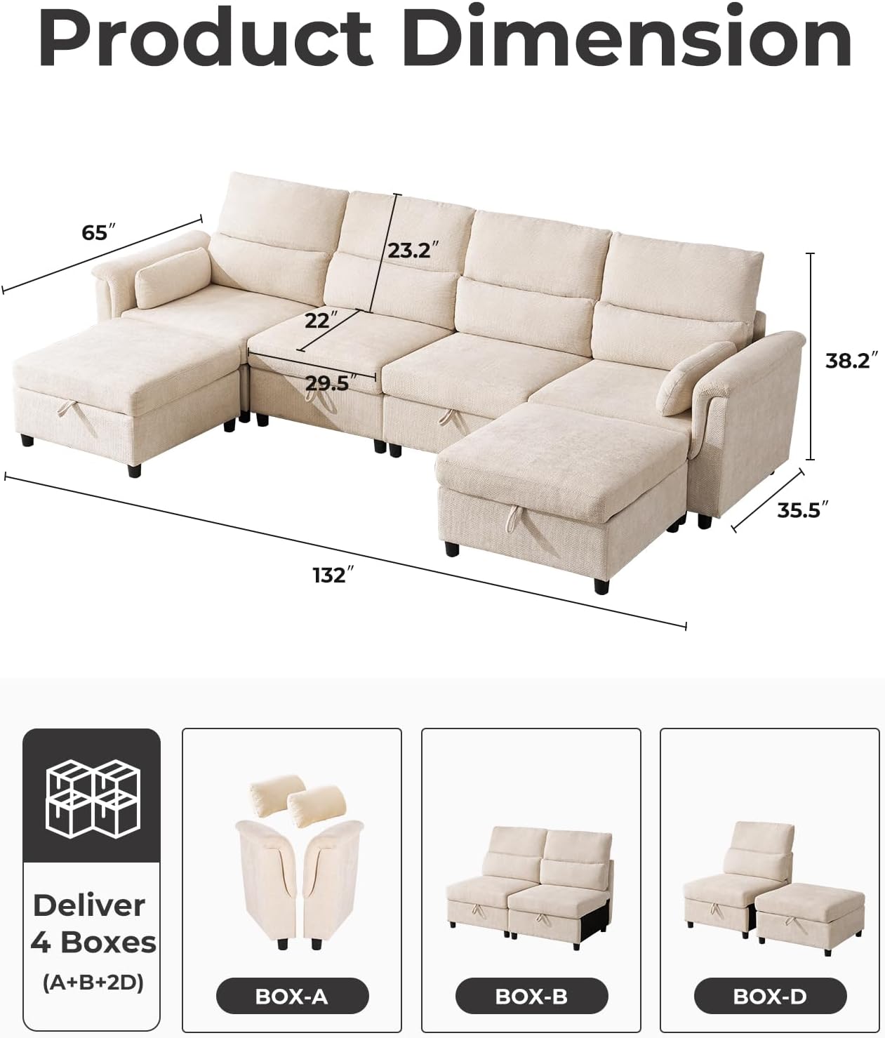 132'' Oversized Modular Sectional Sofa, U Shaped Comfy Sectional Couch with Large Storage, 6 Seat Chenille Deep Seat Cloud Sofa with 2 Throw Pillows for Living Room,Beige
