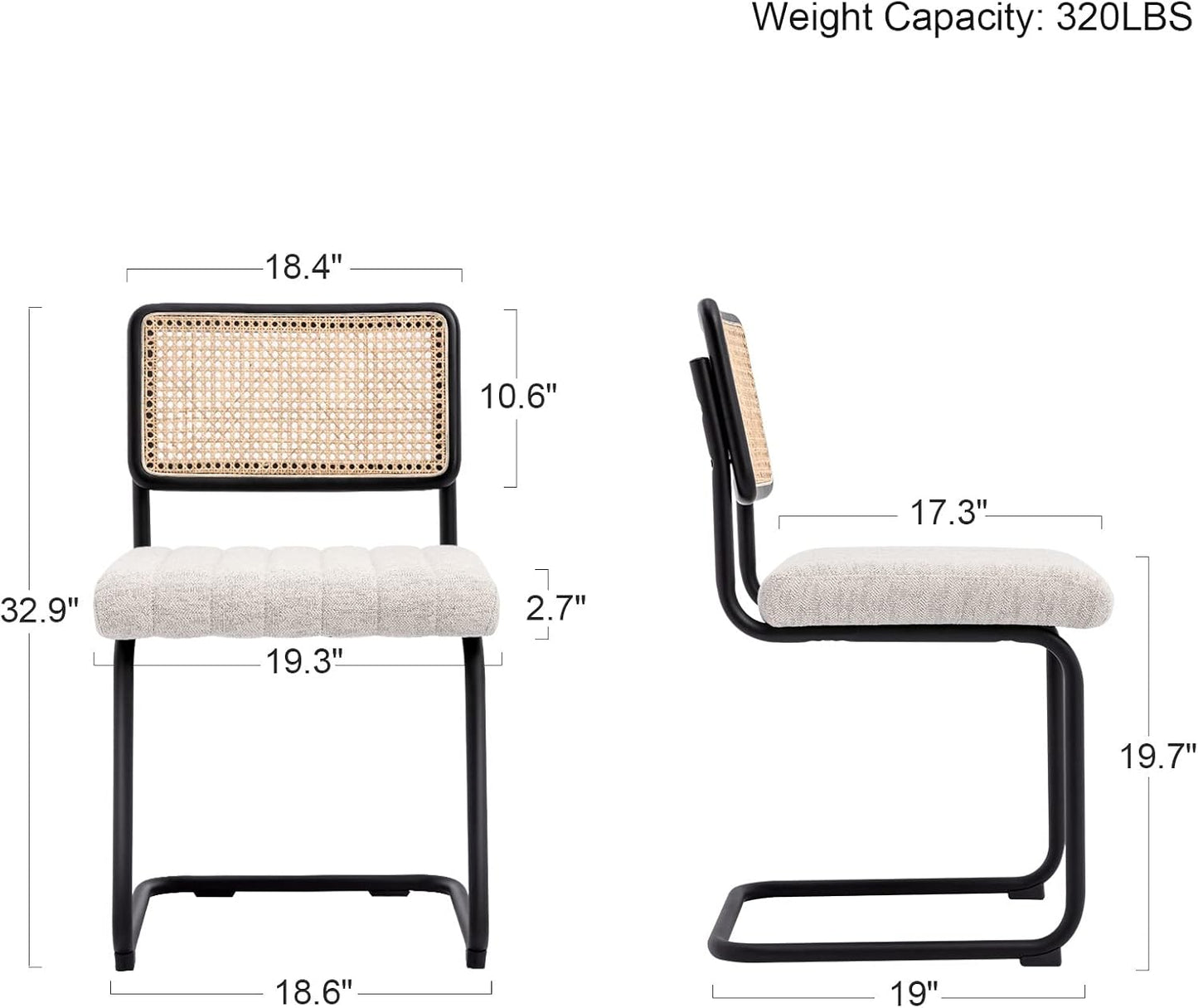 Natural Rattan Dining Chairs Set of 4, Modern Kitchen Chairs with Solid Wood Back, Upholstered Cesca Side Chairs with Comfy Linen Cushion