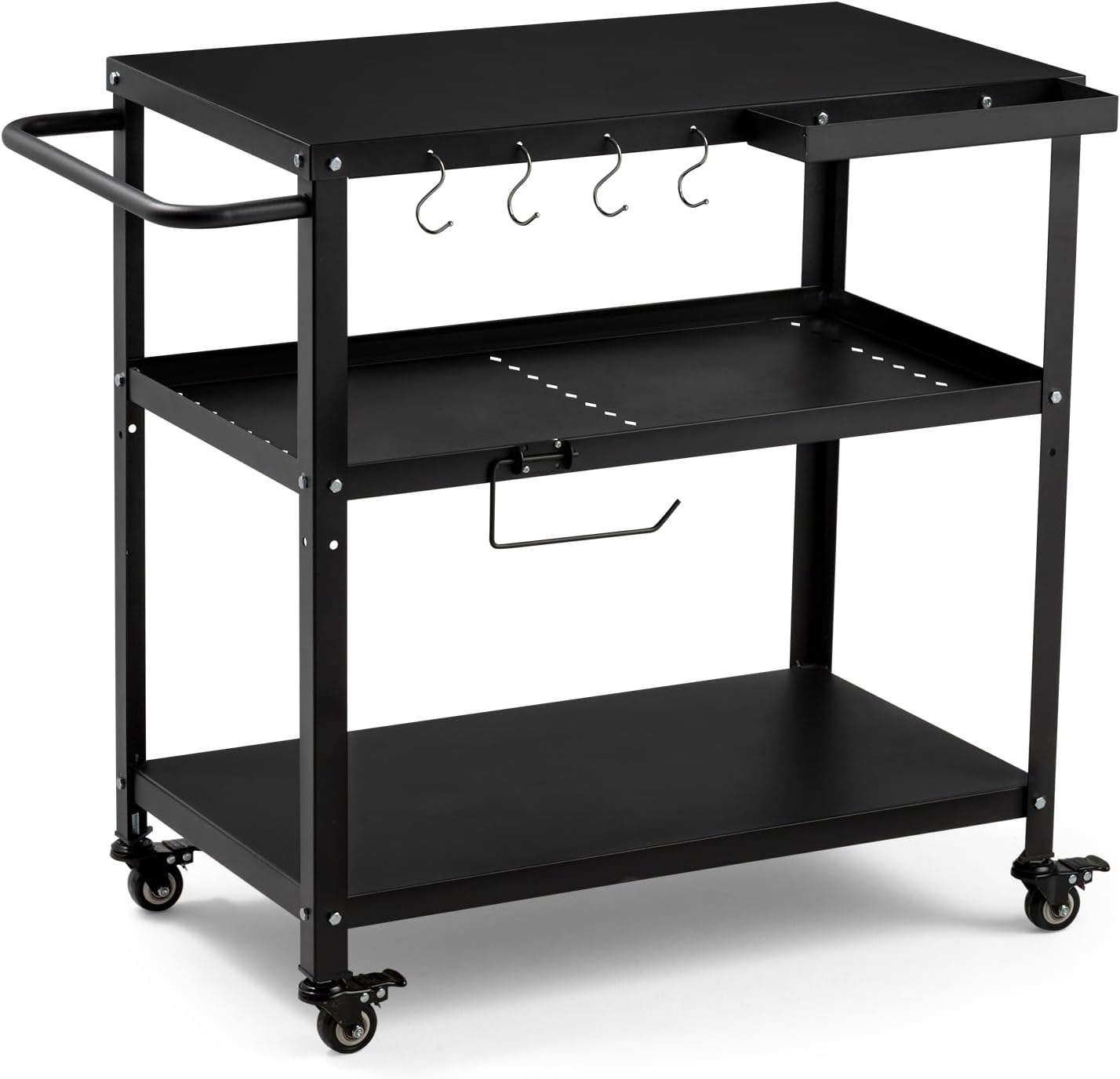 Outdoor Grill Cart Table,Indoor and Outdoor Pizza Oven Table,with 4 Movable Total Lock Casters, Hooks, Side Handle Multifunctional (Black)