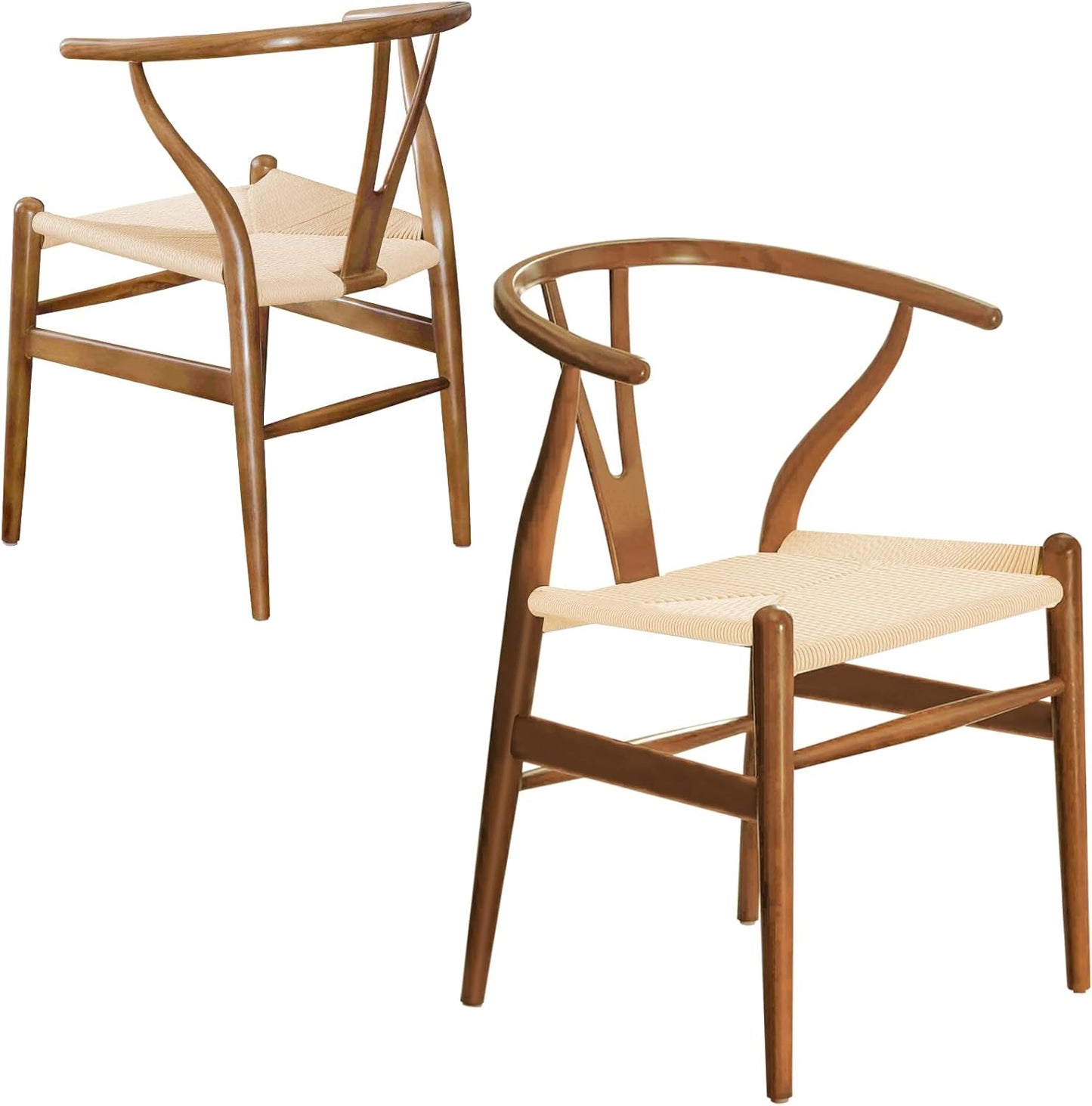 Wishbone Chair Natural Solid Wood Dining Chair/Hans Vegner Y Chair Rattan and Wood Accent Armrest Chairs (Ash Wood - Walnut)