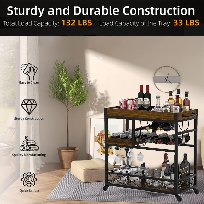Vintage Bar Cart with Removable Tray and Wheels, Mobile Home Bar Serving Cart with Wine Rack, Glass Holder and Storage Shelves, 3-Tier Rolling Beverage Cart for Home or Patio