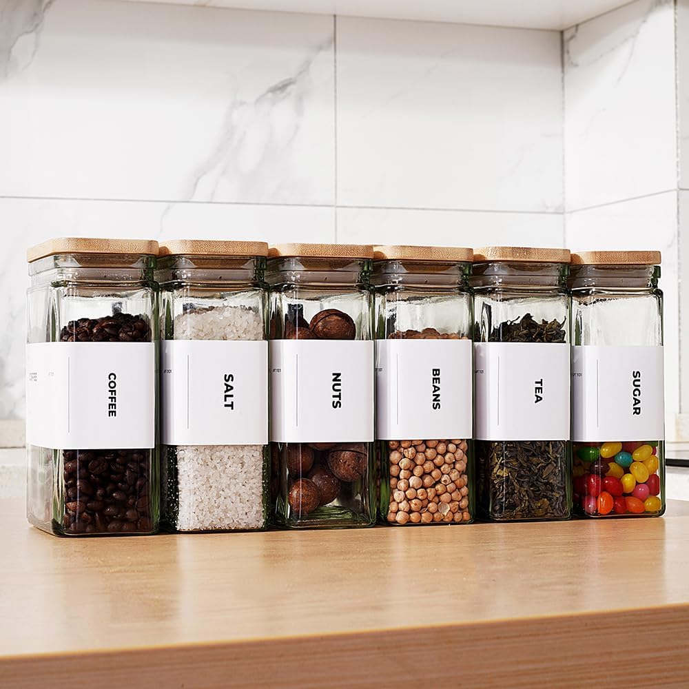 27 oz Glass Storage Jars with Bamboo Lid, set of 6, glass canisters with airtight lids, Clear jars with lids for Cookie, Candy, Tea, Coffee Bean and Rice (White)