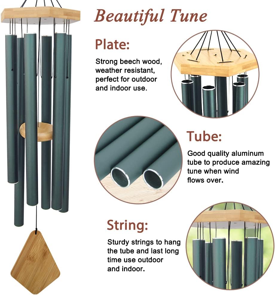 Wind Chimes Outdoor Deep Tone, 36 Inches Large WindChimes Outdoor Sympathy Windchime for Mom/Housewarming/Christmas, Garden Chimes for Outside Decoration. Green