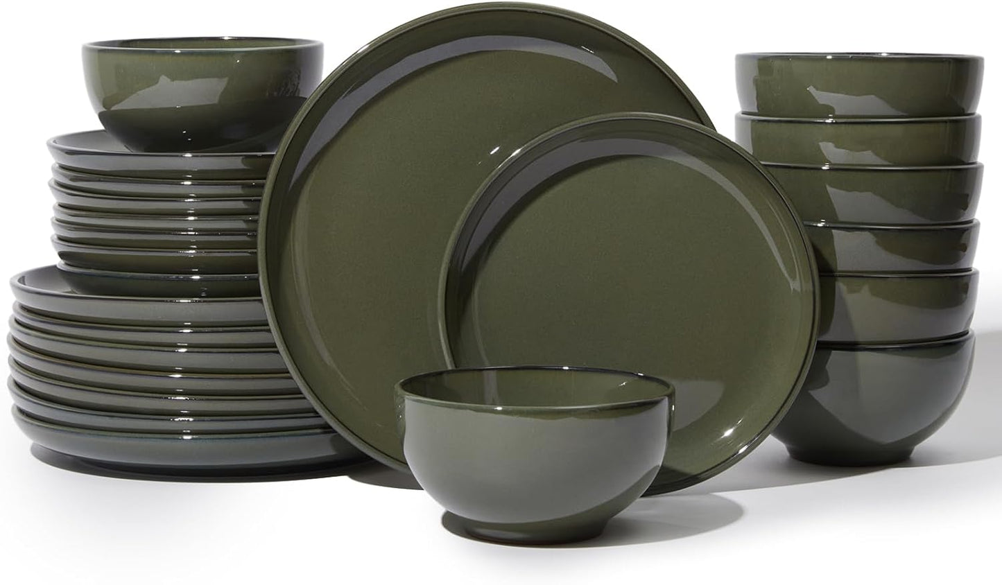 24 Piece Dinnerware Set for 8, Santorini Mist Terracotta Plates and Bowls Sets, Complete Stoneware Dish Set for Large Families and Entertaining, Microwave & Dishwasher Safe, Blackish Green
