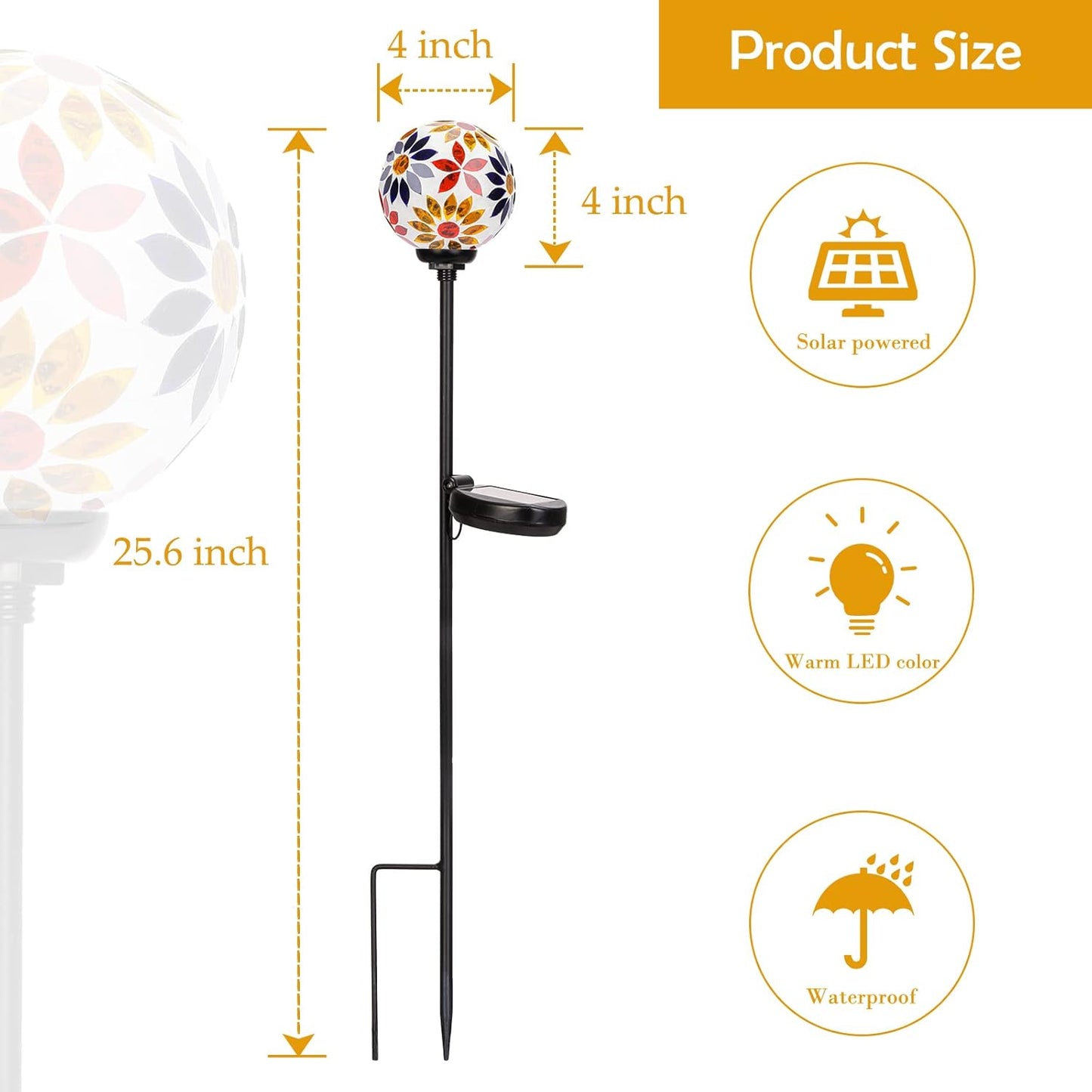 Afirst Solar Lights Outdoor Decorative - Solar Gazing Ball Mosaic Garden Stakes Flower Decorative Lights Waterproof for Pathway Yard Lawn Decoration Orange