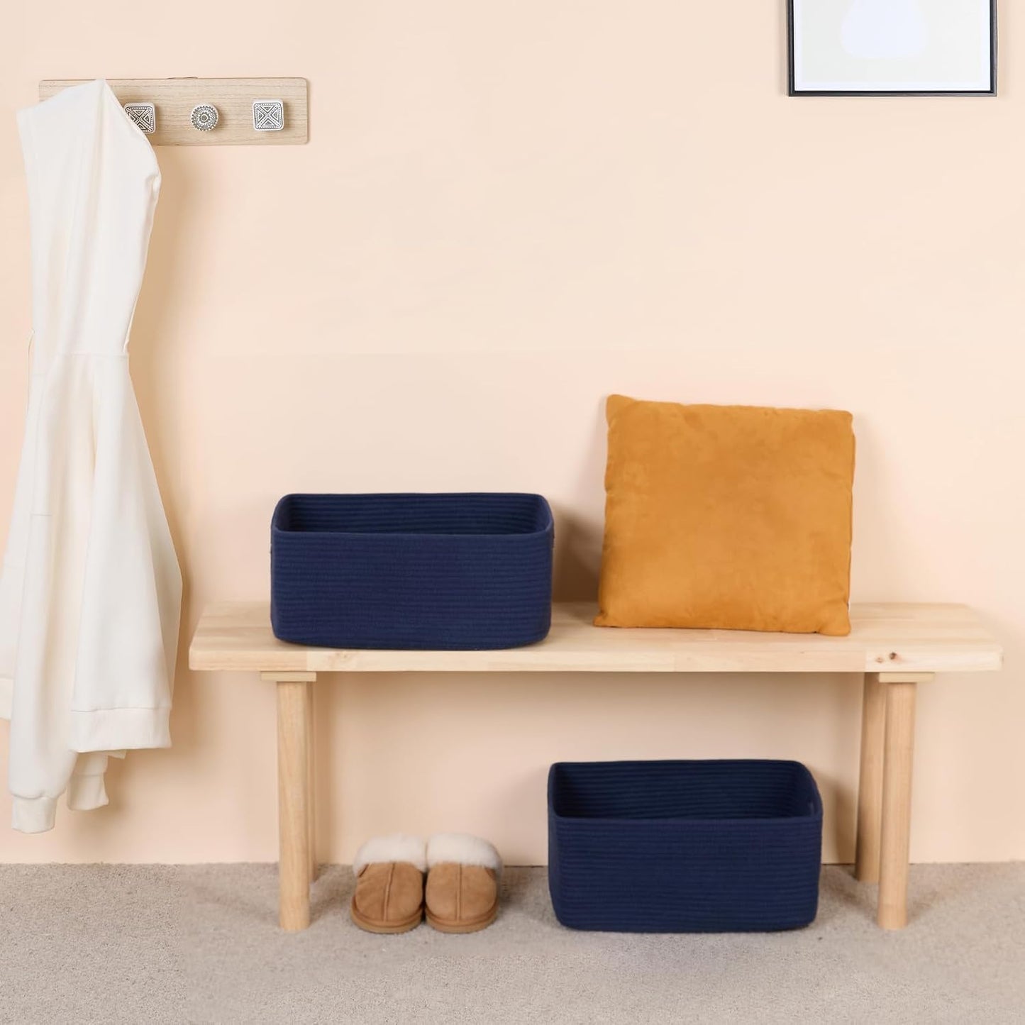 Large Storage Baskets for Shelves, Closet Organizers Bins for Clothes Blanket Towels, Baby Nursery, Toy Baskets Box, Woven Rope Baskets, 17 x 13 x 7.5”, 3 Packs Navy Blue