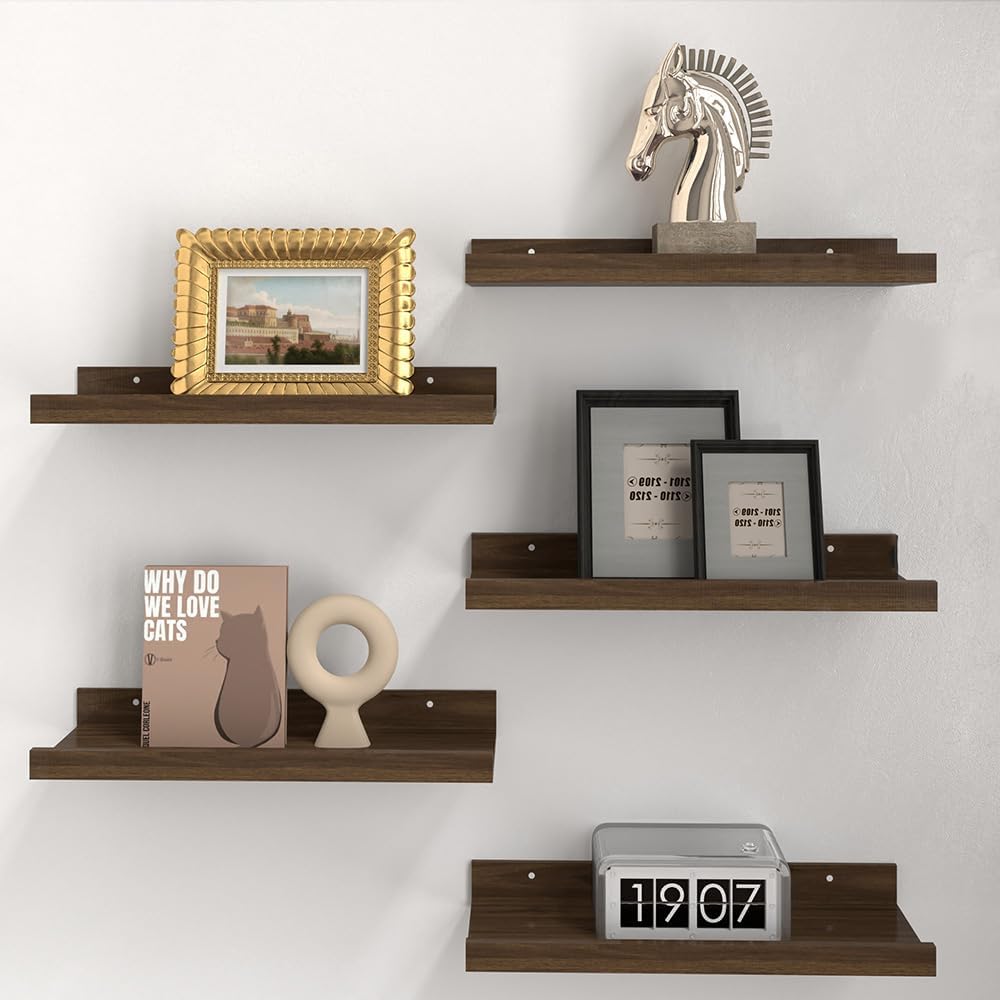 RICHER HOUSE 5 Set Floating Shelves for Wall Decor, Wall Mounted Book Shelf, Nursery Shelves Picture Ledge Shelf with Lip for Wall Storage, Bedroom, Living Room, Bathroom - Walnut