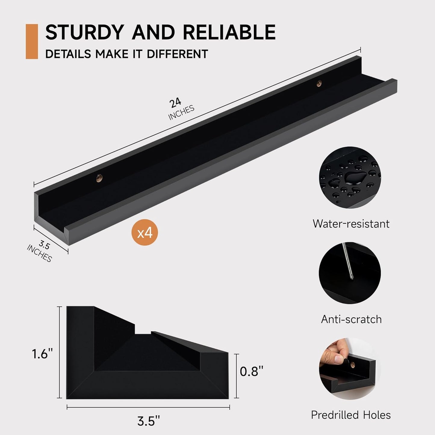 Picture Ledge Shelf for Wall, Floating Shelves Set of 4, 24 Inch Long Nursery Book Shelves for Toys Storage, Kids Bookshelf Wall Mounted for Books Photo Frames, Black