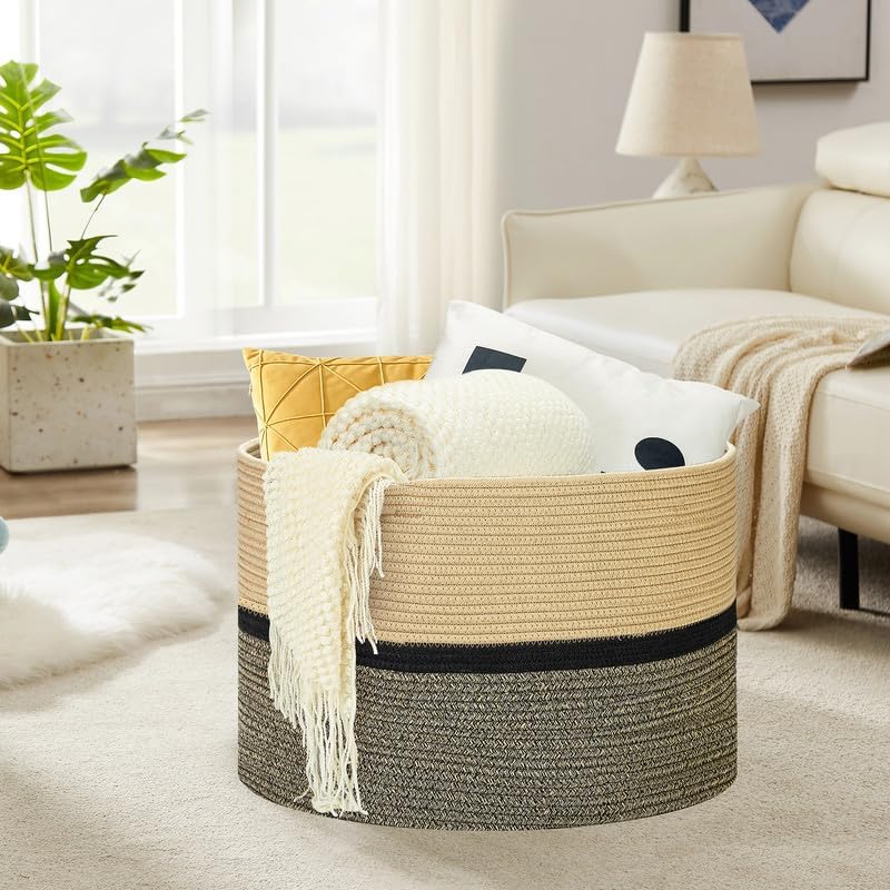 Ravinte Large Storage - 22"x 22"x 14" Blanket Basket for Living Room, Baby Toy Storage, Cotton Rope Woven Laundry Basket (Brown-Black-Light Black)