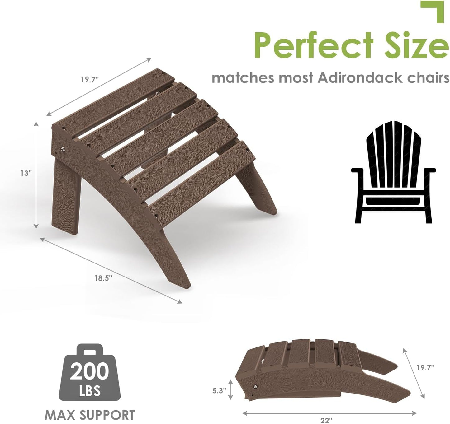 GREENVINES Adirondack-Ottoman | Wood Grain | Set of 4 | HDPE Plastic | Outdoor Footrest | All Weather | Foot Rest | Foot Stool | Dark Brown | for Adirondack Chair