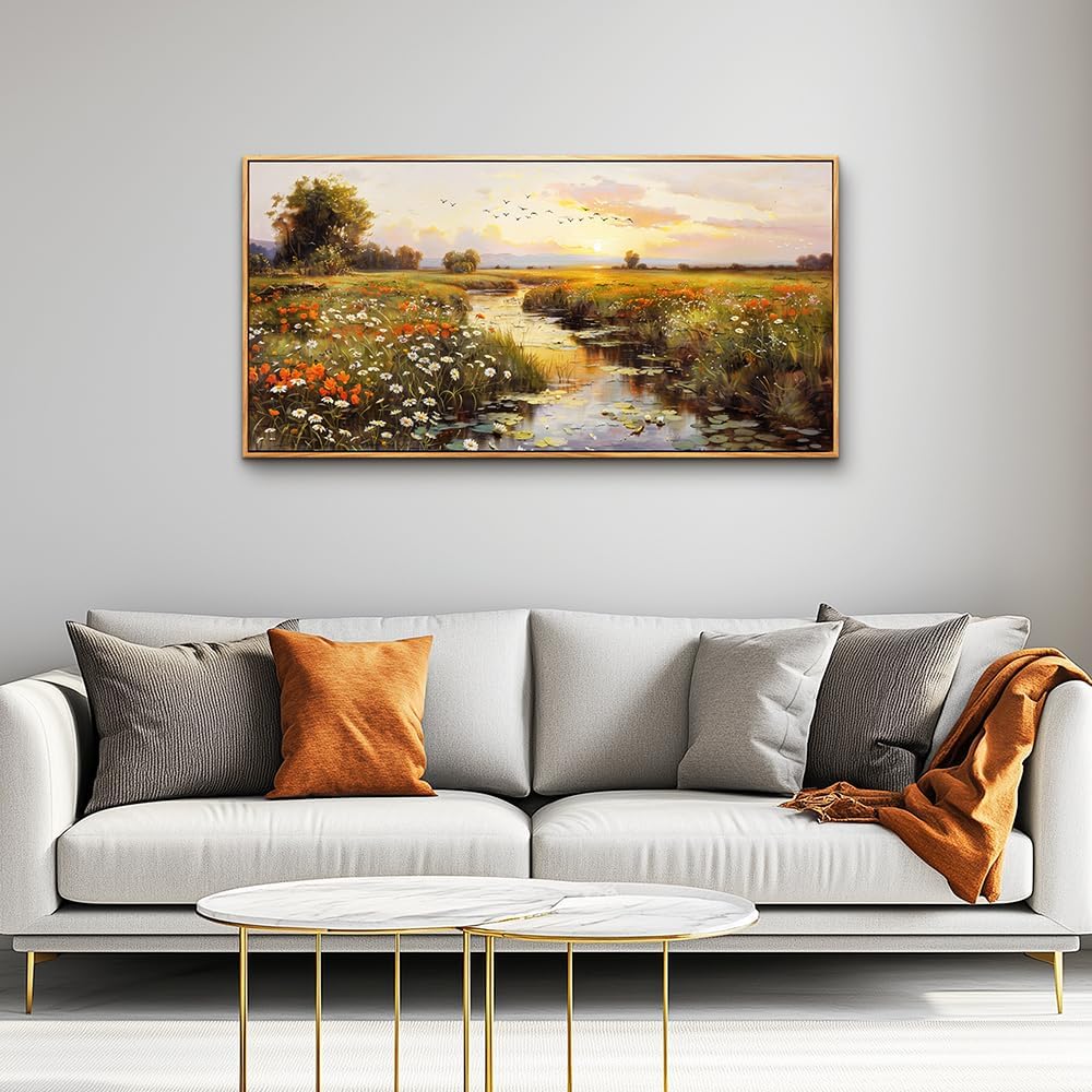 PHAOHUAXM Large Wall Art For Living Room Canvas Wall Decor For Bedroom Watercolour Painting Office Decoration Countryside Sunrise Scenery Wall Picture Ready To Hang Home Decor Wood Framed 20x40 In