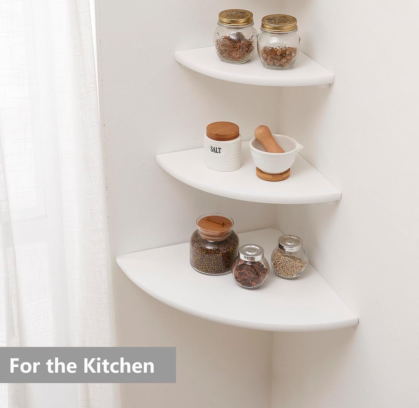 Corner Shelf, White Solid Oak Wood Floating Corner Shelves Wall Mount Round End Floating Speaker Rack Display Shelf for Small Plant Photo Frame (White, 13.8in)