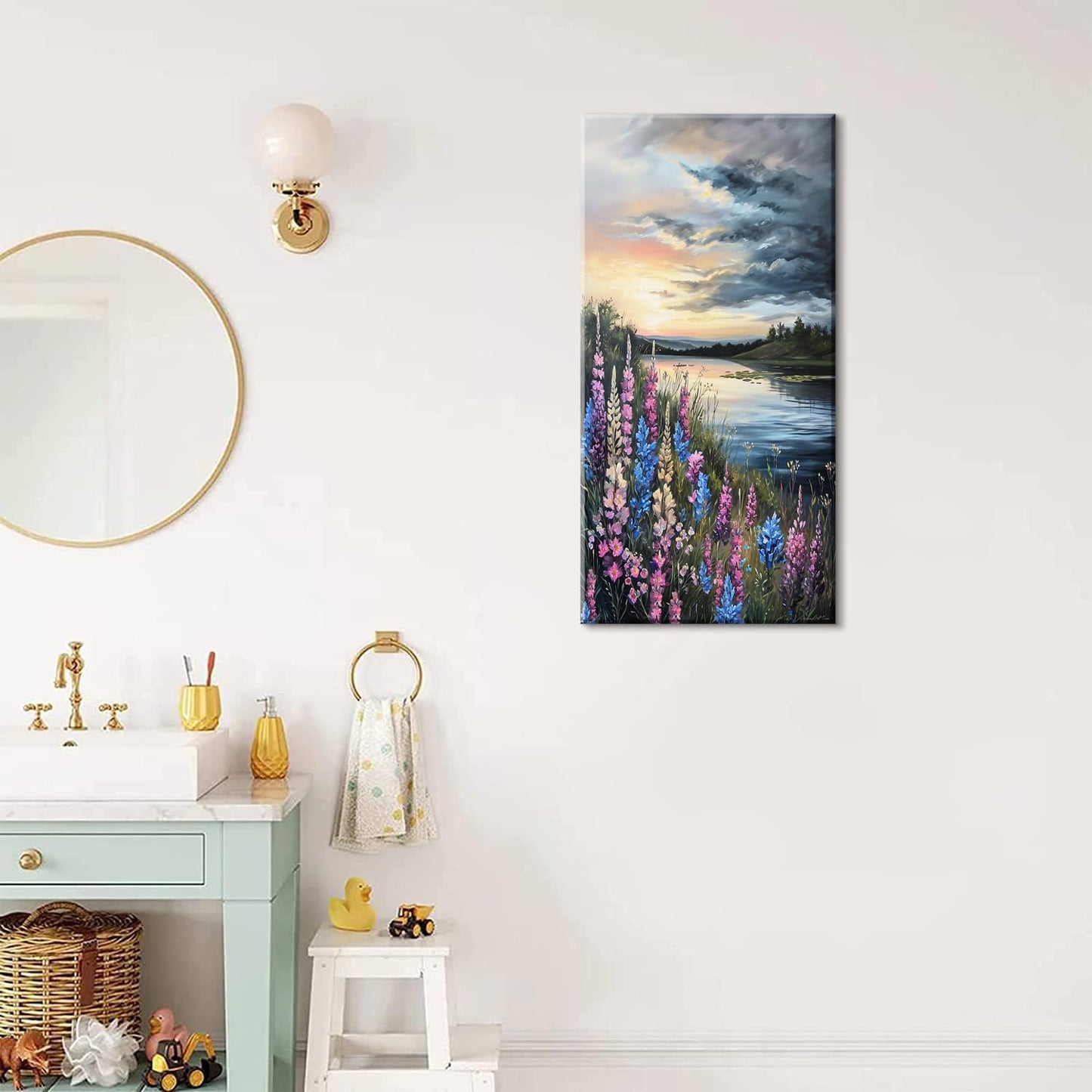 LASMOND Beautiful Colorful Grassland by Riverbank Landscape Wall Art Decor Artwork for Bedroom (20x40 Inches)