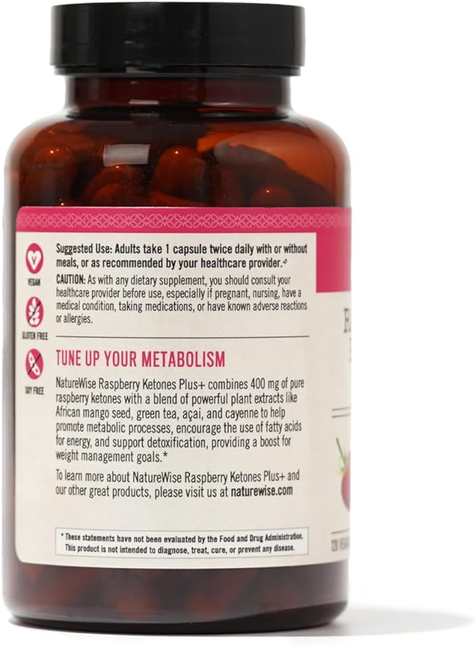 NatureWise Raspberry Ketones Plus - w/ Green Tea Extract, Cayenne Pepper, & Acai Berry - Supports Antioxidant Health, Energy Levels, Weight Goals - Vegan & Gluten-Free - 120 Capsules[120-Day Supply]