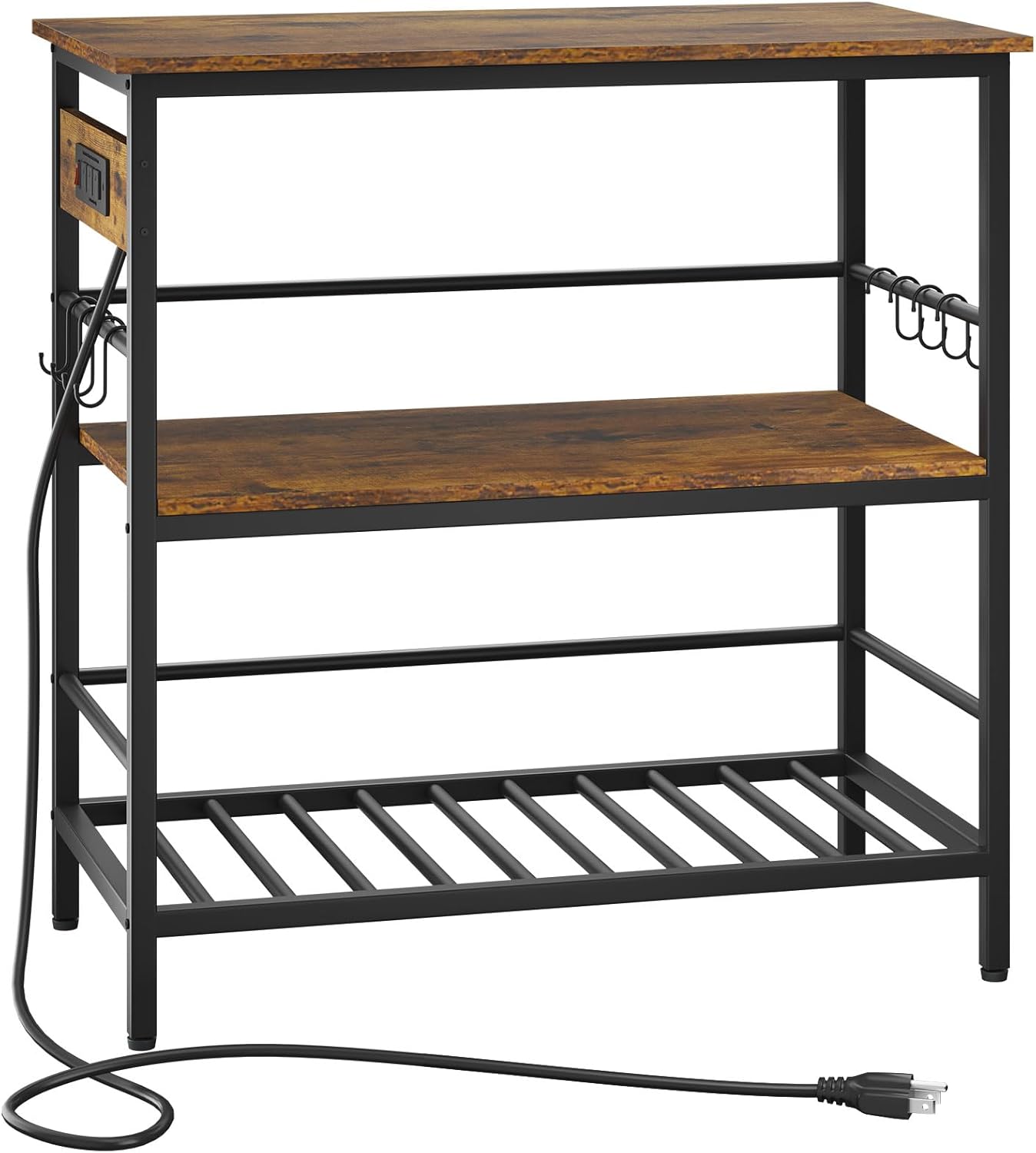 IBUYKE Kitchen Island with Storage, Bakers Rack with Power Outlet,Microwave Stand with Large Worktop,Rolling Bar Cart for Home, Outdoor, Kitchen,Rustic Brown and Black TMJ029H