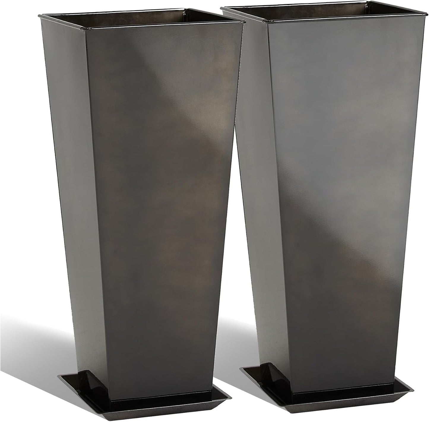 KOL 25''H. Bright Glazed Planter with Drainage Hole, Set of 2, Tall Galvanized Steel Planter Pots with Saucer for Indoor & Outdoor Use, Decorative Flower Plant Pots for Porch, Patio, Deck - Black