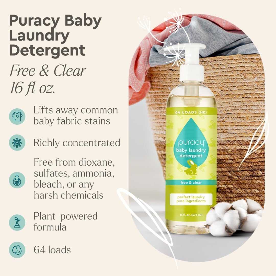 Puracy Liquid Baby Laundry Detergent - 1,4 Dioxane Free, Natural, Scent-Free Gentle Laundry Detergent Liquid Concentrate Laundry Pouch with Stain Fighting Enzymes (Baby- Free & Clear, 16oz)
