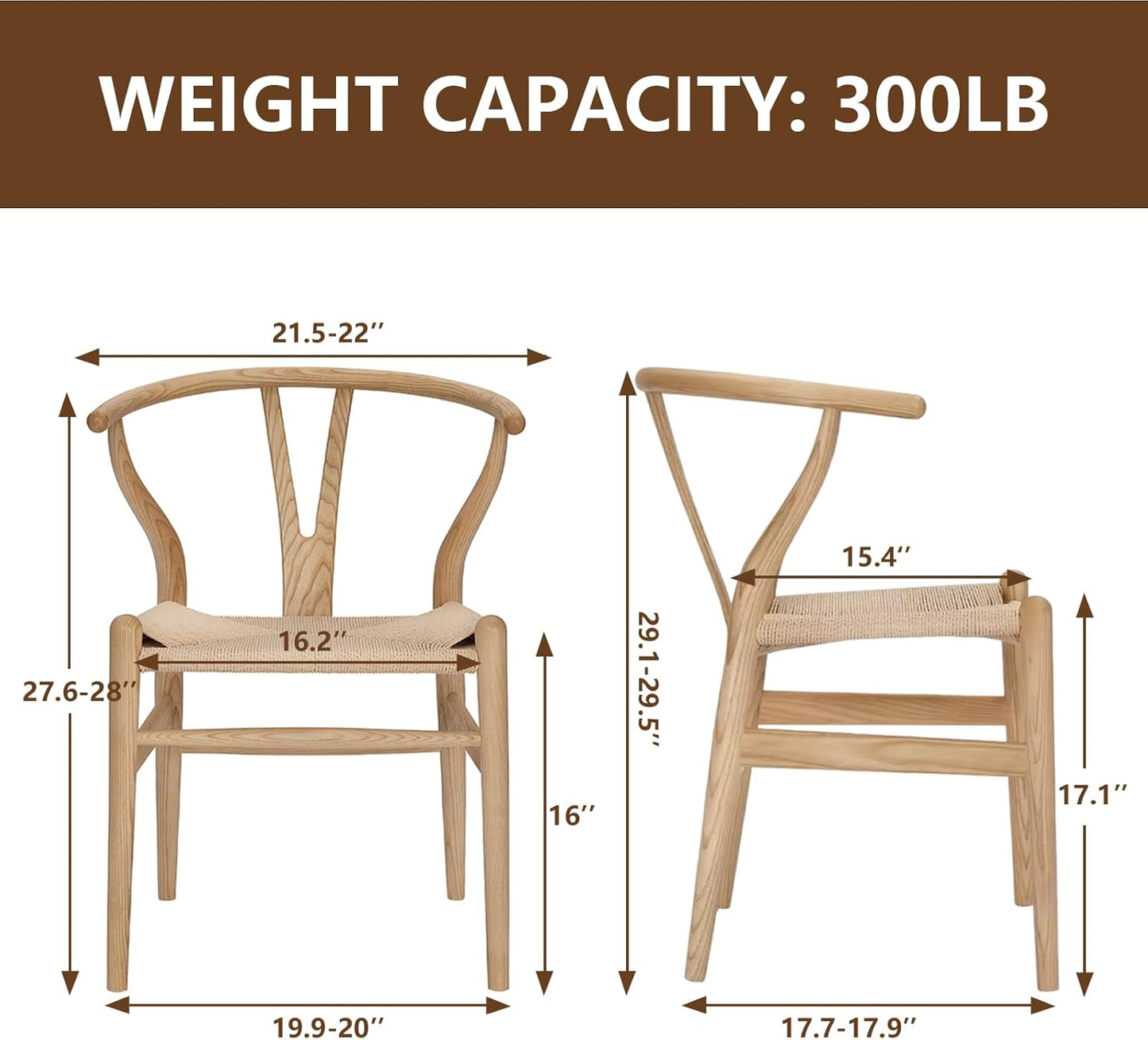 Wishbone Chair Natural Solid Wood Dining Chair/Hans Wegner Y Chair Rattan and Wood Accent Armrest Chairs - Ash Wood Chairs Set of 4 (Ash Wood + Natural Color)