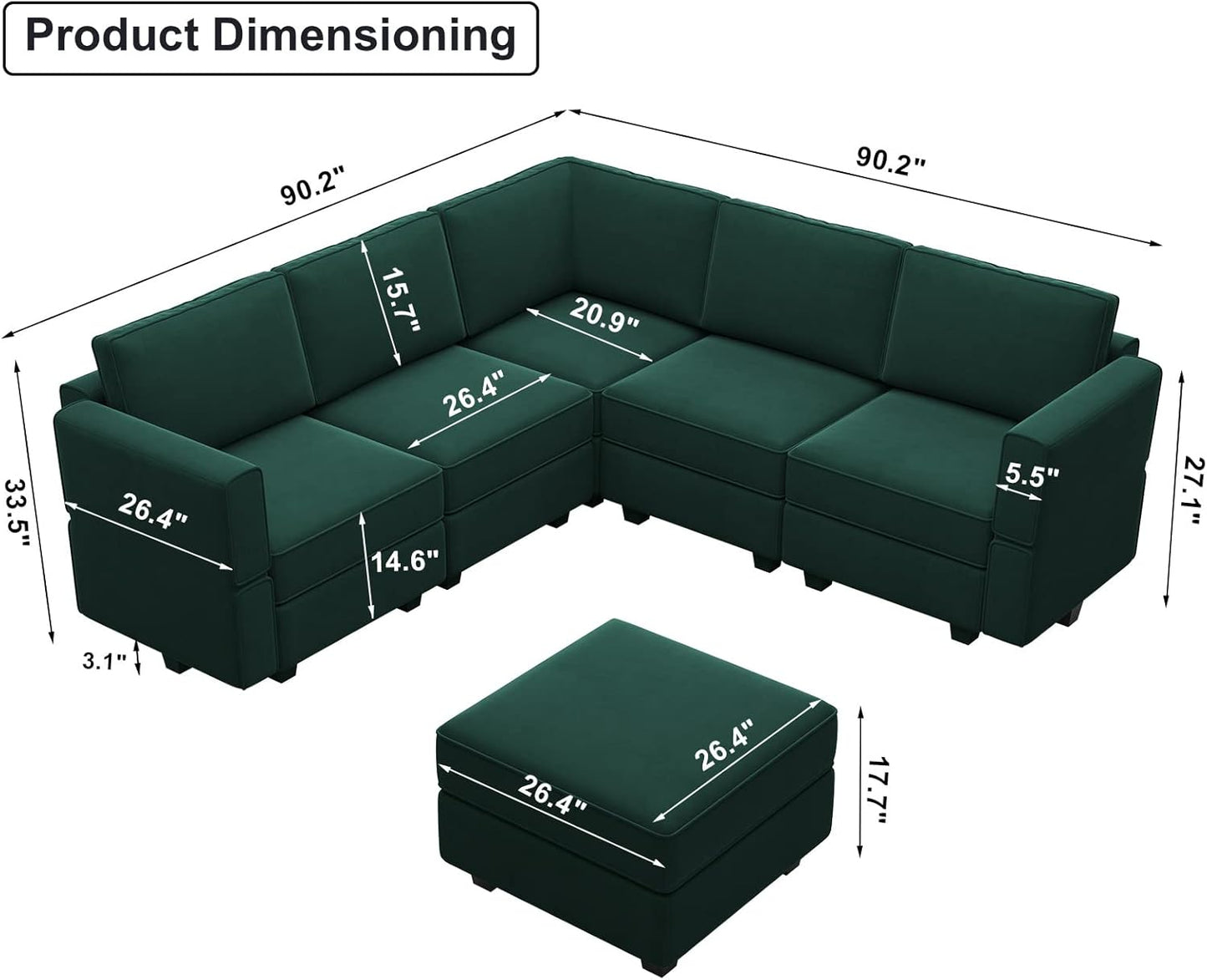 Belffin Modular Sectional Sofa with Storage Seats Velvet L Shaped Corner Couch Convertible Sectional Sofa with Chaise (Green, L Shape-1)…