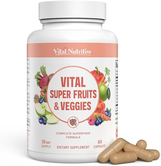 Vital Super Fruits & Veggies - Daily Superfood Capsules for Adults - Fruit & Vegetable Supplements to Boost Immunity & Energy - 2-in-1 Formula for Overall Wellness - Fruit and Vegetable Capsules