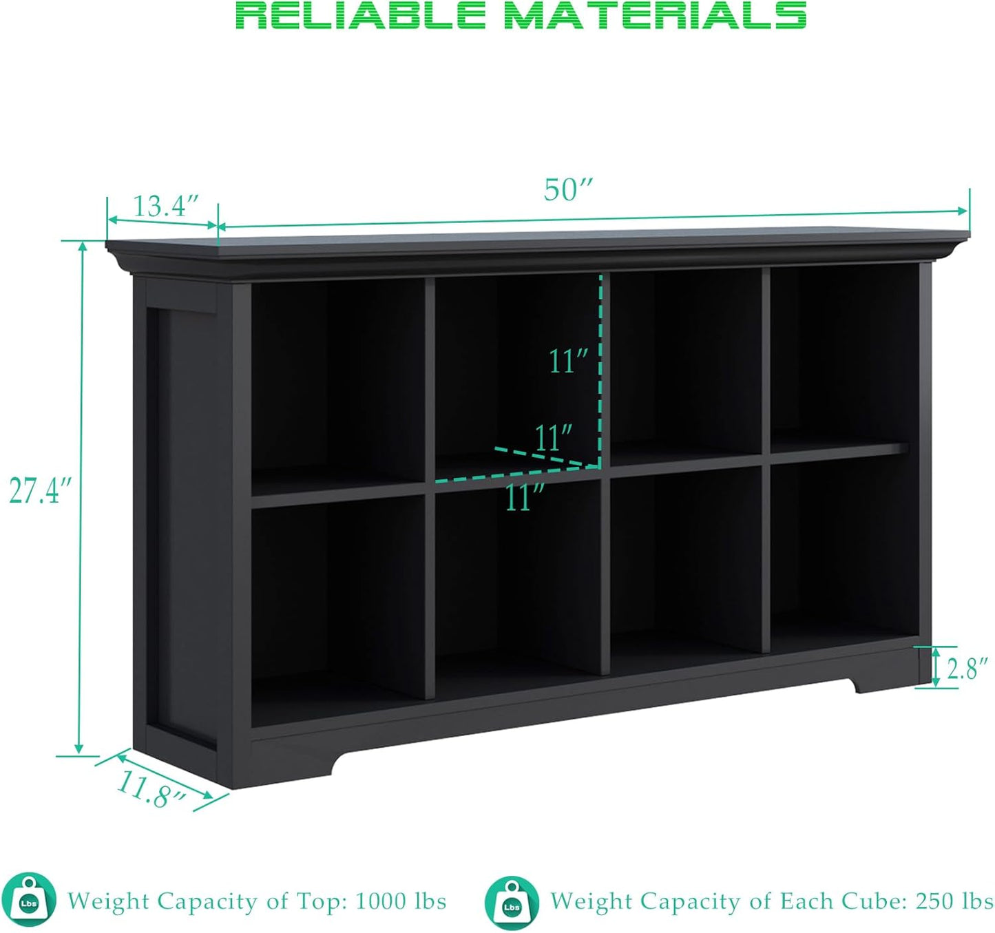 Cube Shelf Bookcase with Base - Wooden 2 Tiers Floor Standing Low Storage Cabinet for Home and Office, 8-Cube Lattice Bookshelf, Black