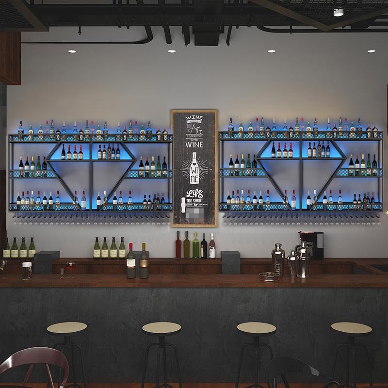 Wall Mounted Wine Rack with Glass Holder, 3-Tier Metal Storage Shelf, Black Diamond Design, Wine Bottle Display with Stemware Storage (Black, 94.48in/240)