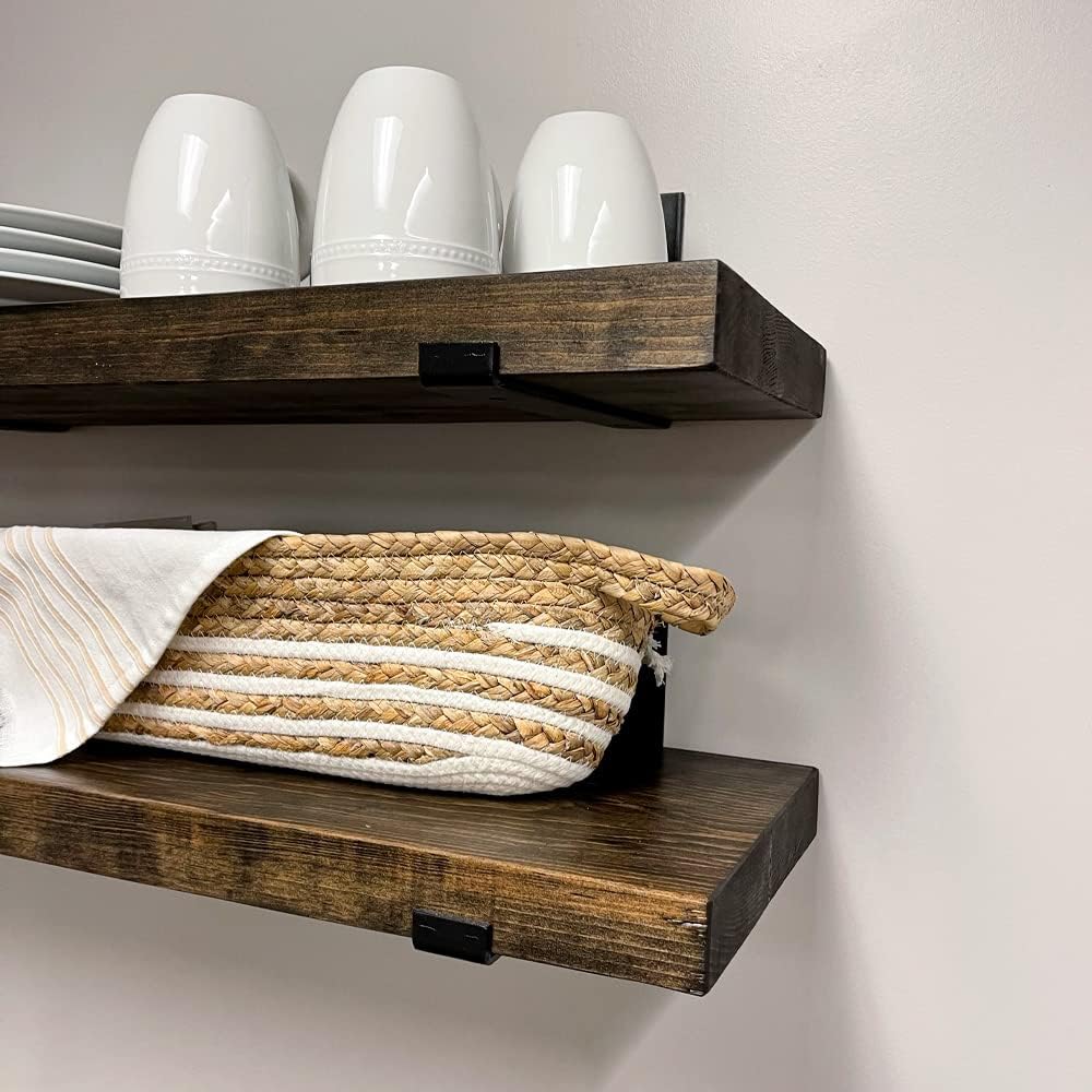 Rustic Shelves with J-Brackets Set of 2, Industrial Shelf, Kitchen Shelves, Solid Wood, Decorative Wall Storage, Heavy Duty, URBANDI (Dark Brown, 12Wx8D)