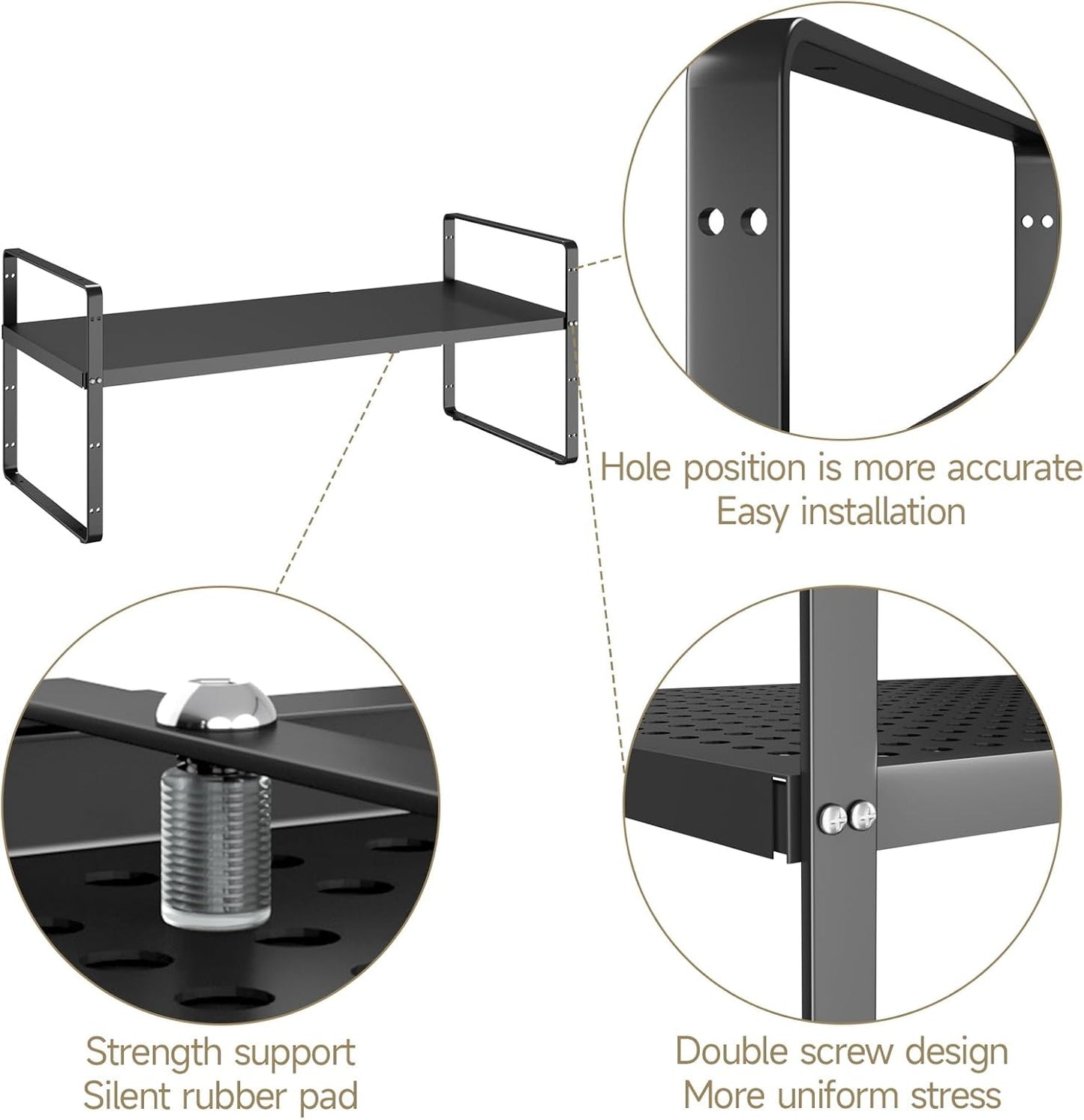 Hole Pattern Expandable Shelf Organizer,1Pack 10.2" Wide Easy to Assemble Cabinet Organizer Shelf, 16.5~27.1" Adjustable Height&Stackable Spice Organization for Cupboard, Black