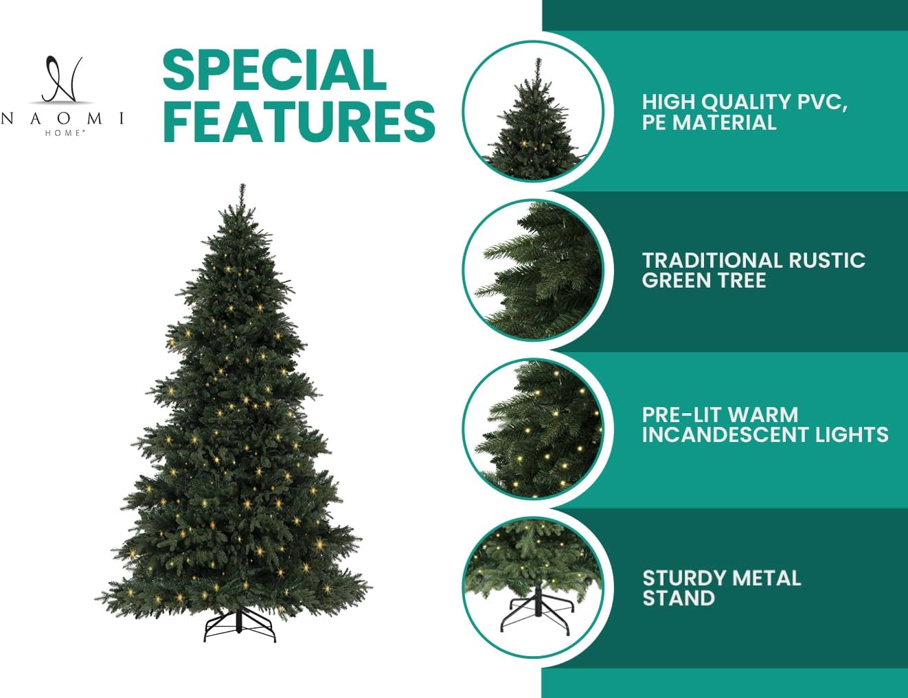 Cynthia 4.5ft Prelit Aritificial Christmas Tree with 1117 Branch Tips, 300 Warm Lights and Metal Stand, 40" Wide Realistic Rustic Christmas Tree with Lights by Naomi Home