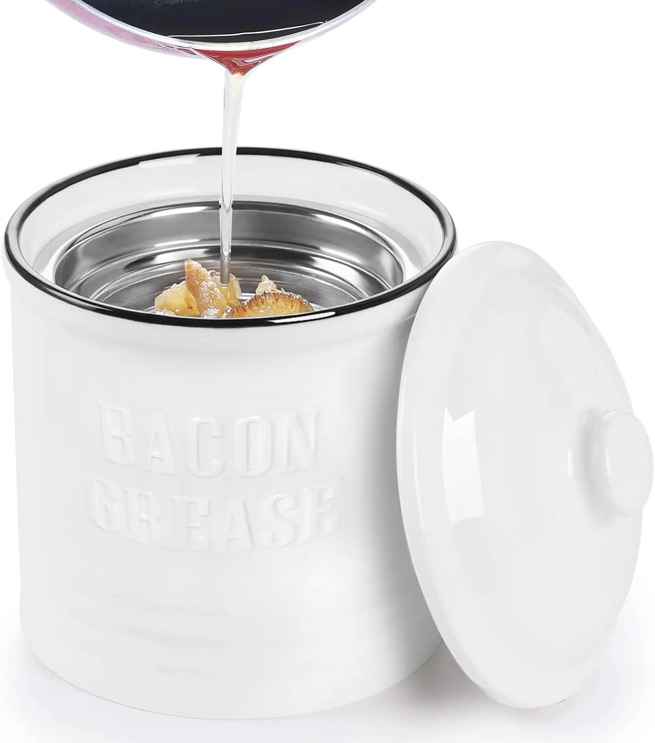 Ceramic Bacon Grease Container Keeper with Strainer,1L Frying Oil Storage Can White