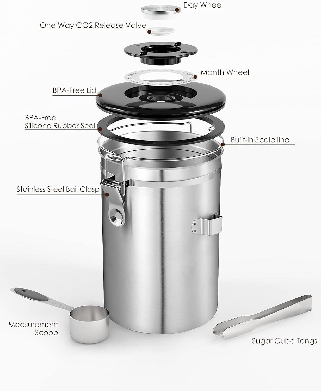 Airtight Coffee Canister, HAIOOU 22OZ Large Stainless Steel Coffee Bean Storage Container with Date Tracker, Measuring Scoop, 6Pcs CO2 Valves and Mini Tongs for Beans, Grounds, Sugar and more - Silver